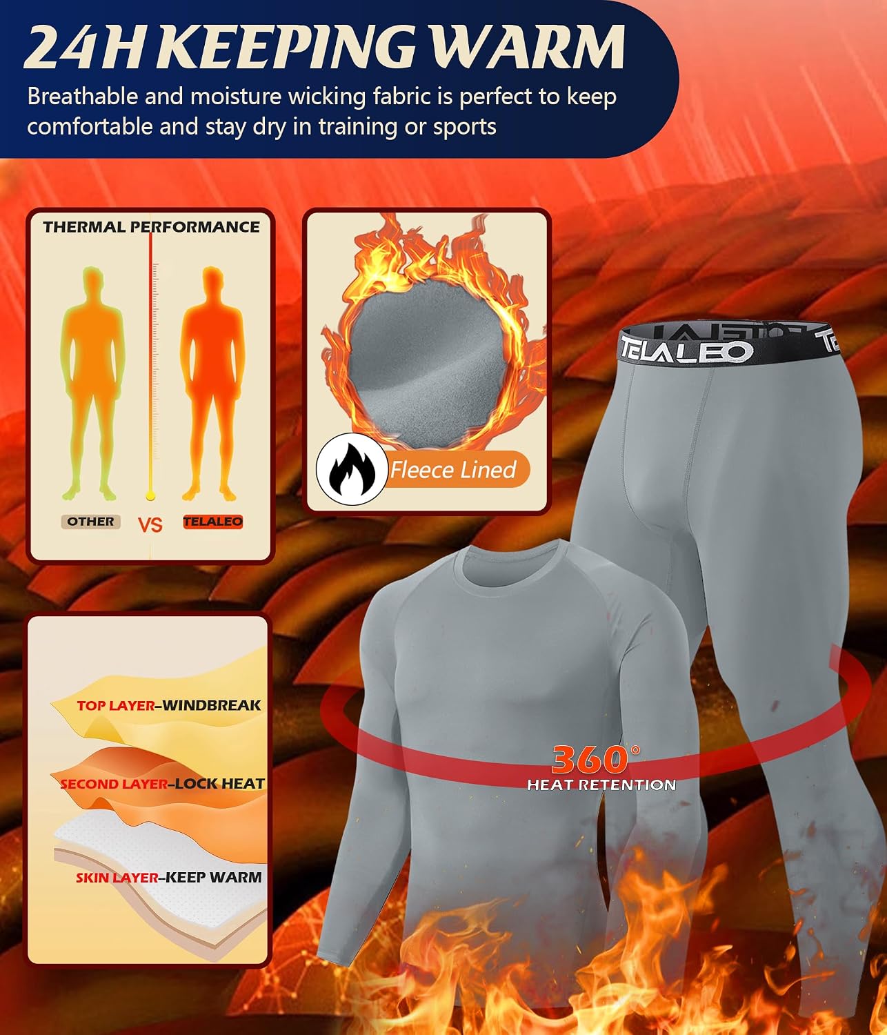 Detalle 2 de TELALEO 2-Set Men's Fleece-Lined Thermal Underwear, 4-Way Stretch