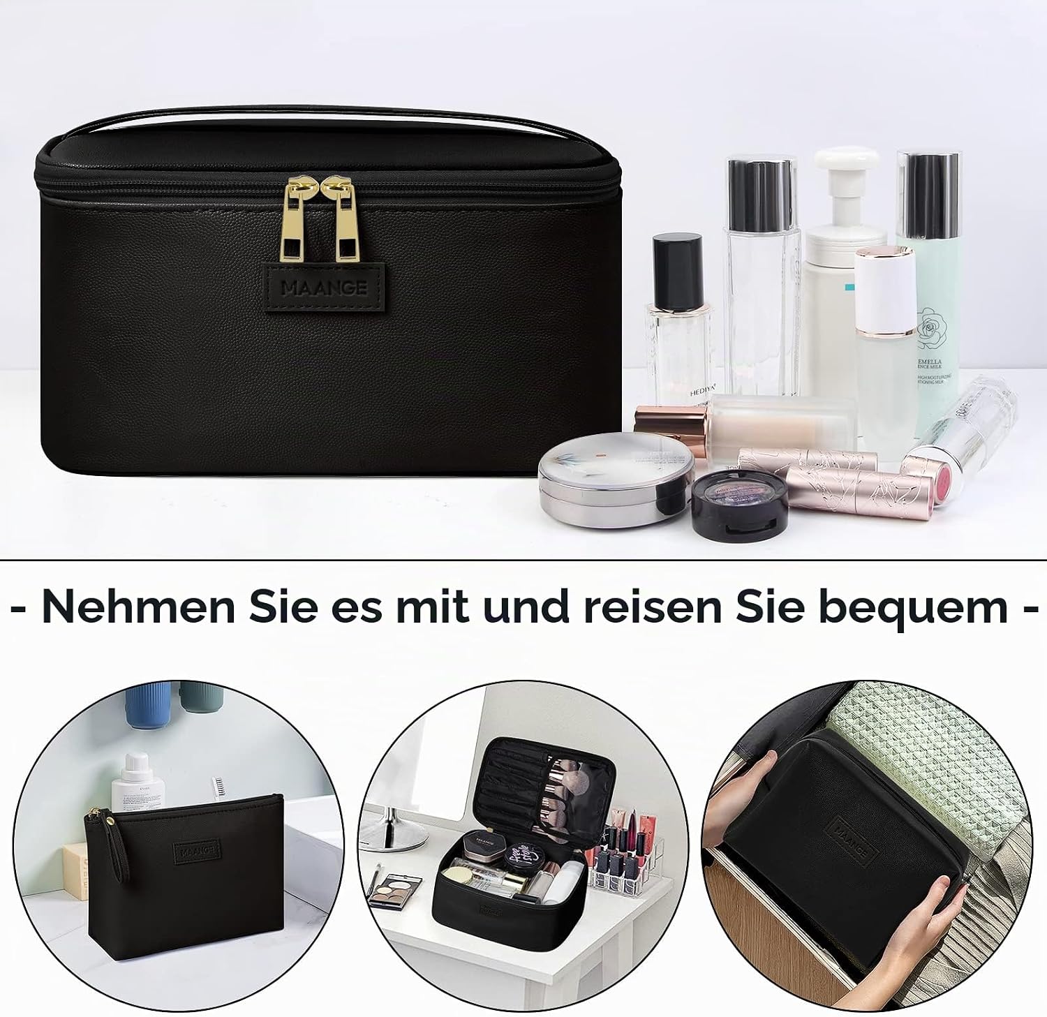 Thumbnail 4 de MAANGE 3er-Set Kosmetiktaschen (L+M+S) aus PU-Leder, wasserfest – Schwarz