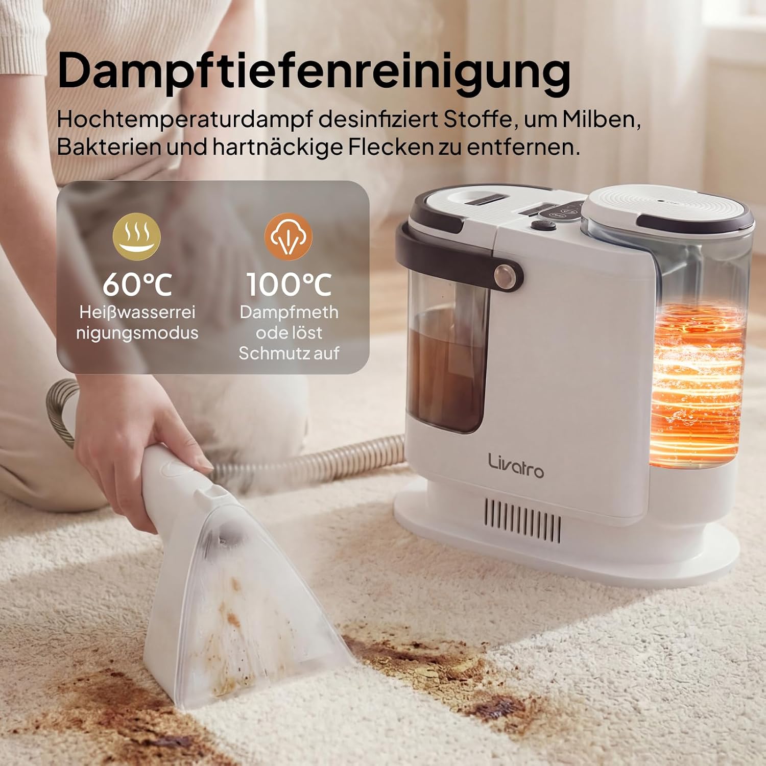 Detalle de Livatro Polsterreiniger/Nasssauger Waschsauger mit Dampf – 15 kPa, 1,6-Liter Wassertank, Selbstreinigung