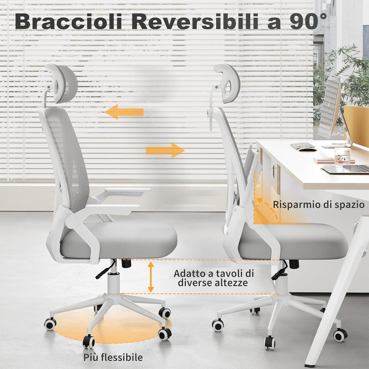 Thumbnail 5 de Naspaluro Sedia da Ufficio con Braccioli Ribaltabili e Poggiatesta: Ergonomia, Versatilità e Comfort per la Scrivania