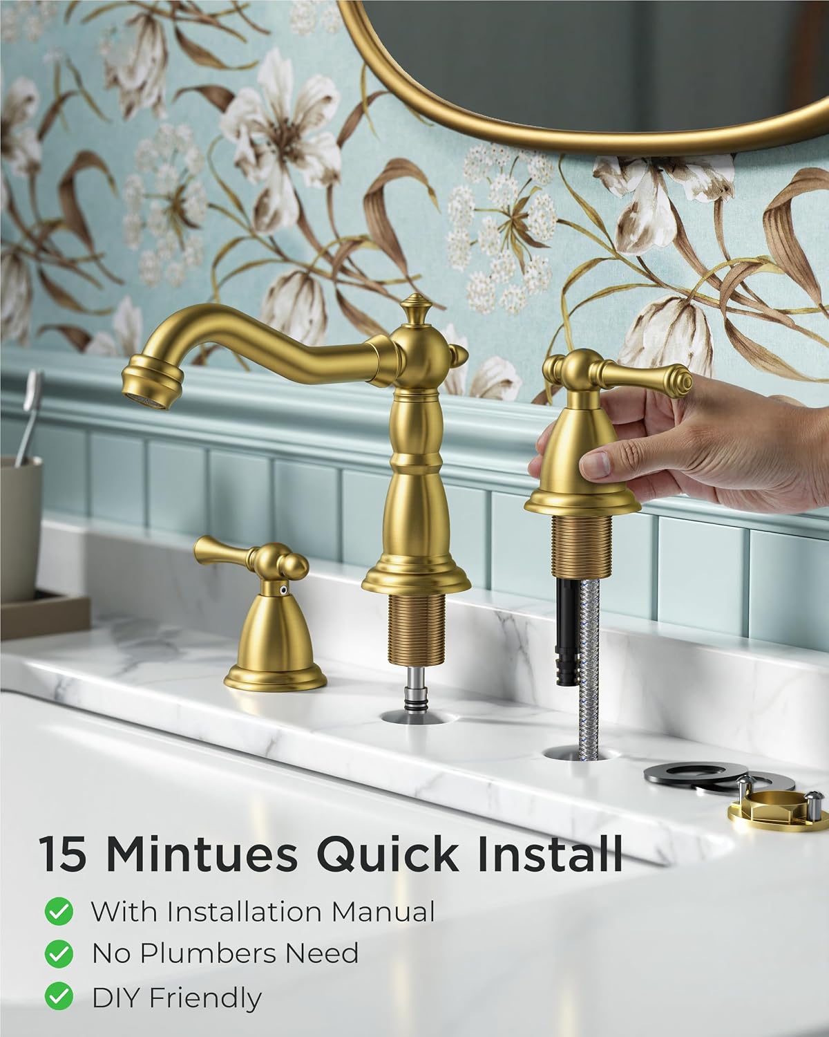 Detalle 2 de FORIOUS FB-03055G Vintage Bathroom Sink Faucet, Brushed Gold, 3-Hole Widespread