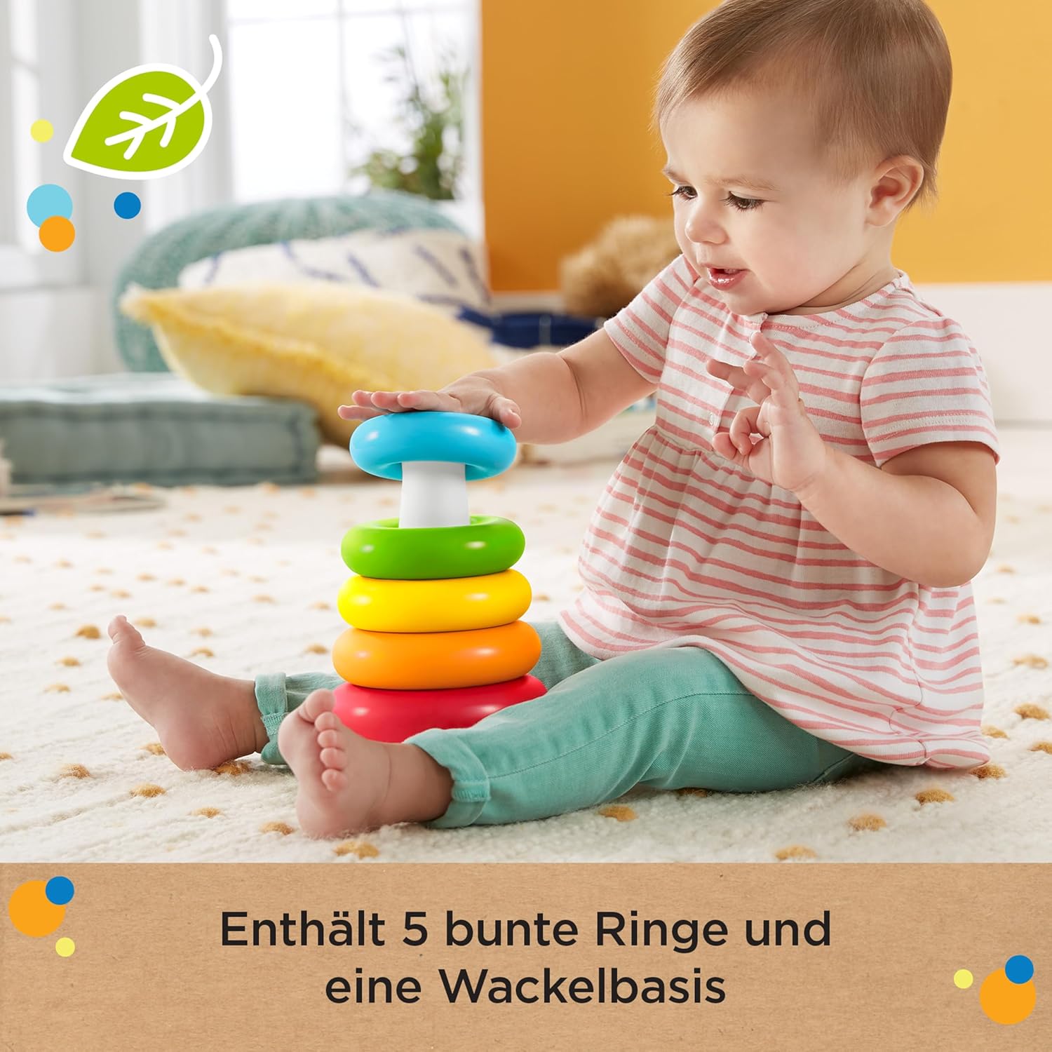 Thumbnail 4 de Fisher-Price Farbring Pyramide Babyspielzeug – klassisches Schaukelring-Stapelspielzeug aus pflanzenbasierten Materialien (HPY92)