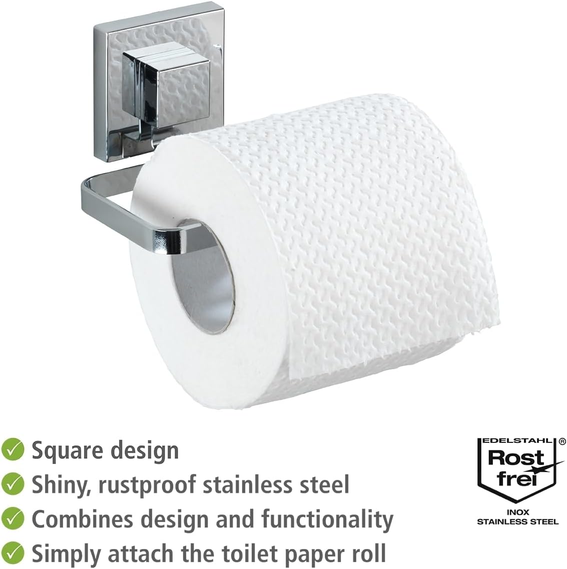 Detalle de Wenko 22687100 - Portarotolo da bagno in acciaio inox con Vacuum-Loc, quadro per carta igienica 14x6x11 cm