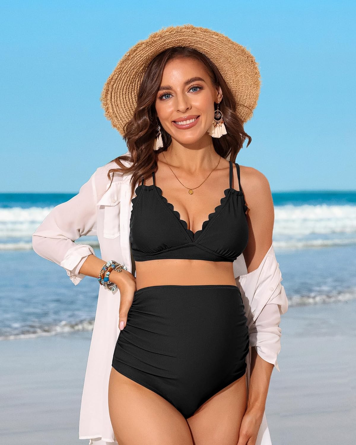 Detalle 2 de Charmo High Waisted Maternity Swimsuit Bikini Set with V Neck and Scalloped Trim