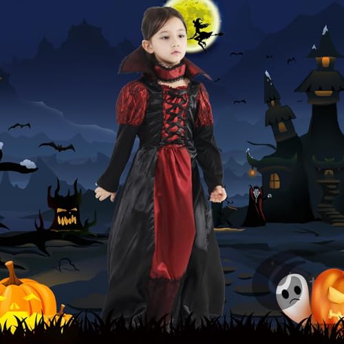 Thumbnail 5 de GEMVIE costume da vampira per bambine, abito lungo rosso e nero con cravatta