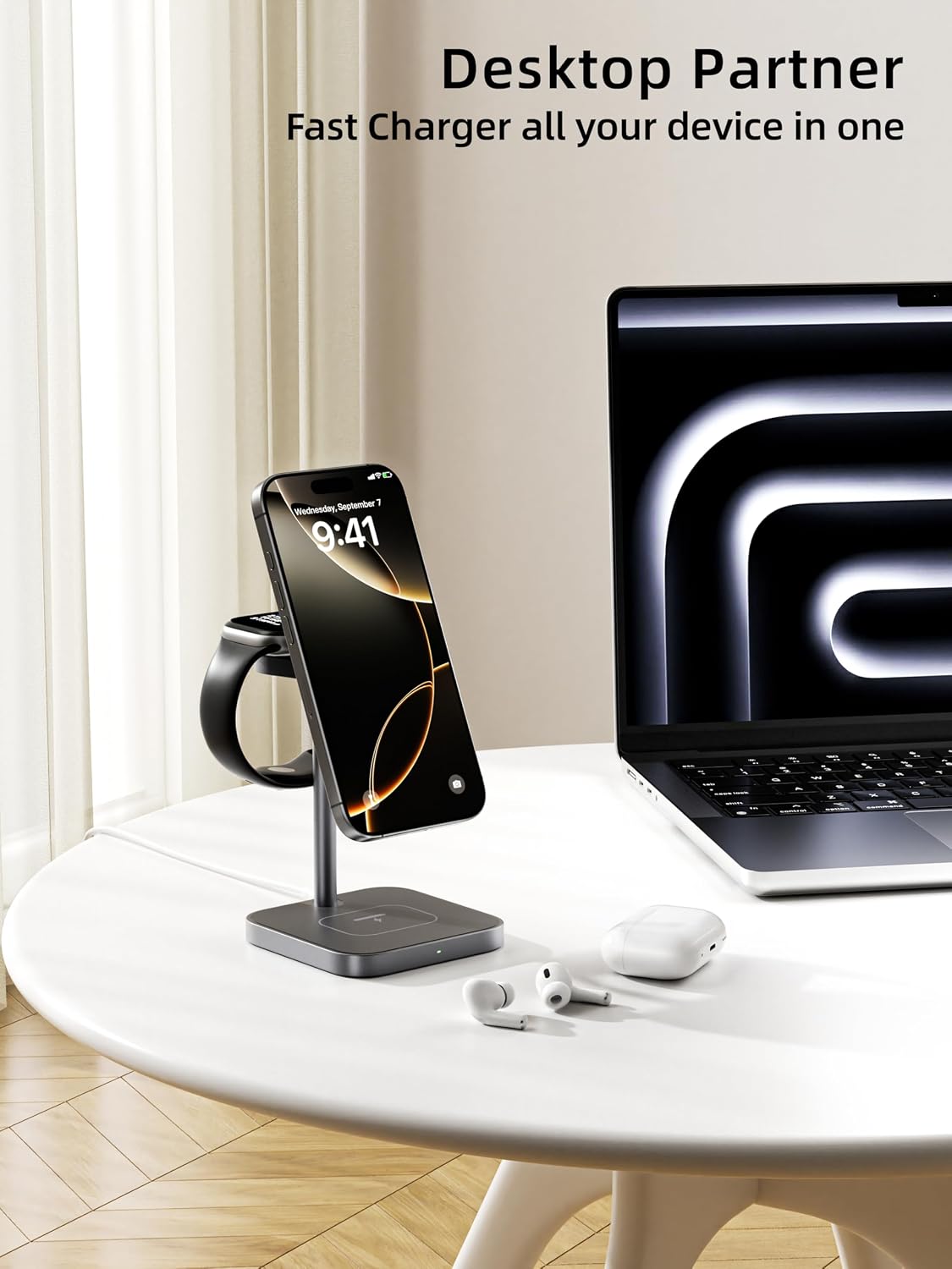 Detalle 2 de LULULOOK Qi2 3-in-1 MagSafe Ladestation aus Aluminium – Schnellladen für iPhone, AirPods und Apple Watch