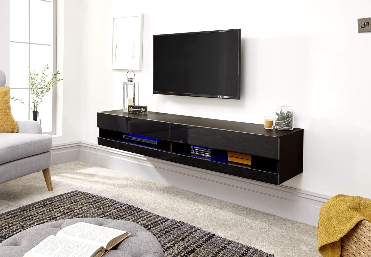 Thumbnail 6 de GFW Galicia Wall Mounted High Gloss TV Unit with LED Downlight (120cm, Black)