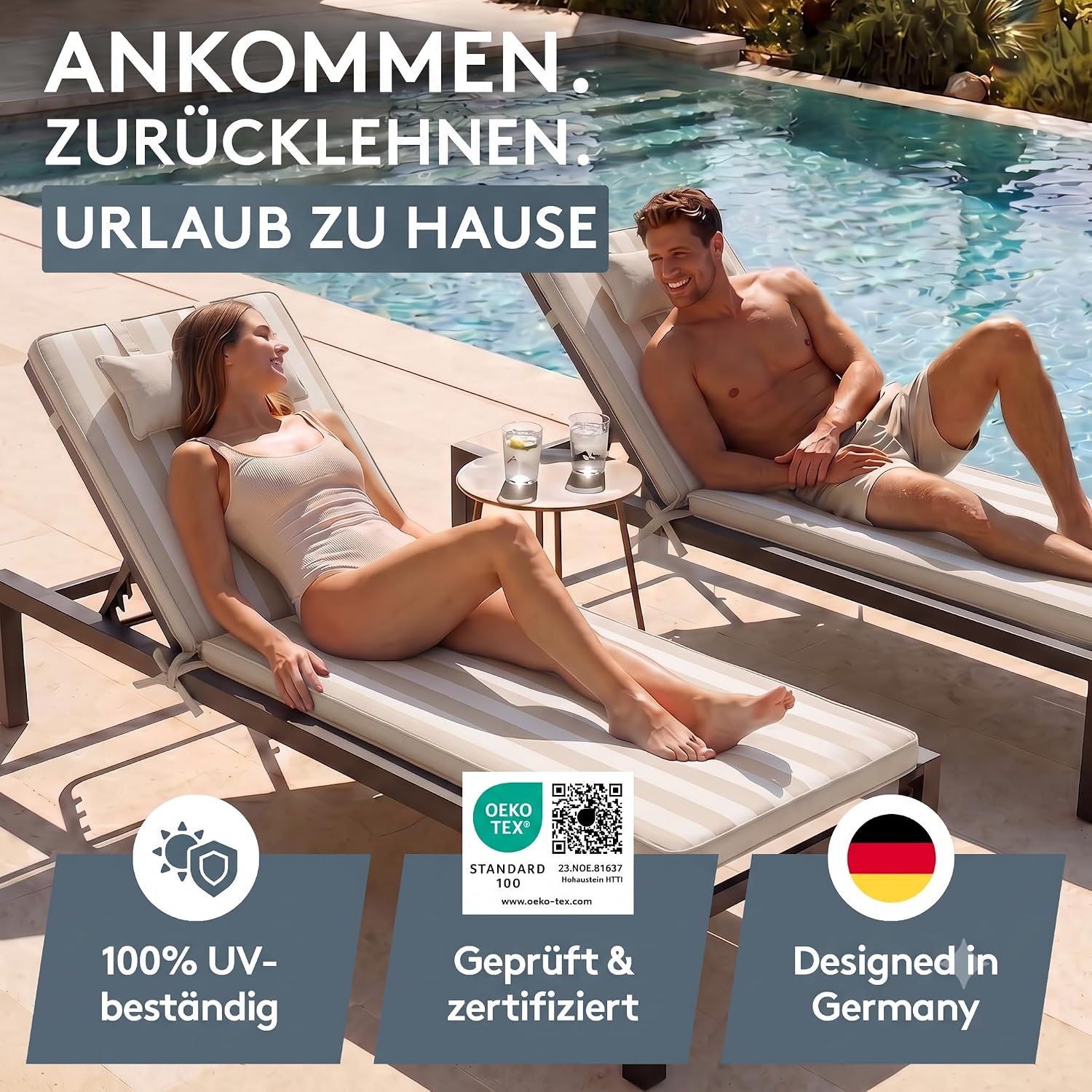 Thumbnail 4 de LILENO HOME Sonnenliege Auflage mit Kopfkissen – 1er Set in Blockstreifen Beige
