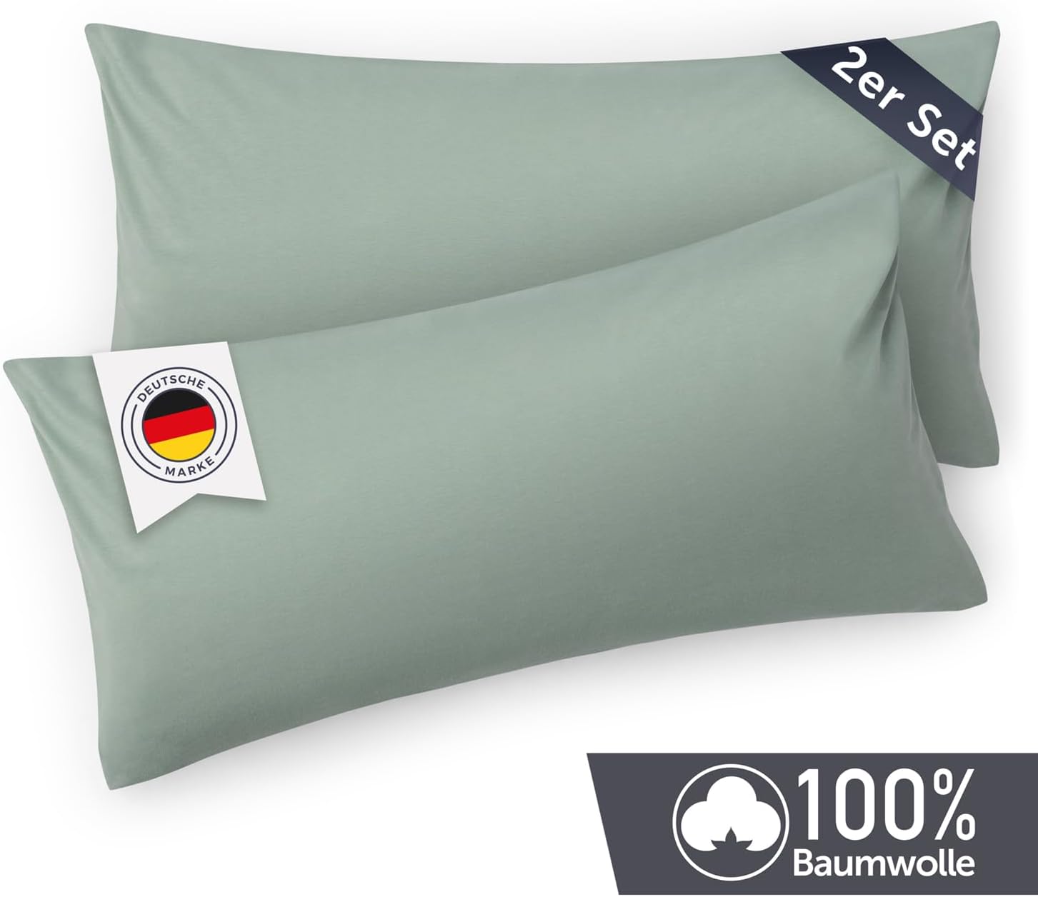 Detalle 2 de Blumtal Kissenbezug 40 x 80 cm im 2er-Set – Hellgrün, 100% Baumwoll-Jersey, mit Reißverschluss