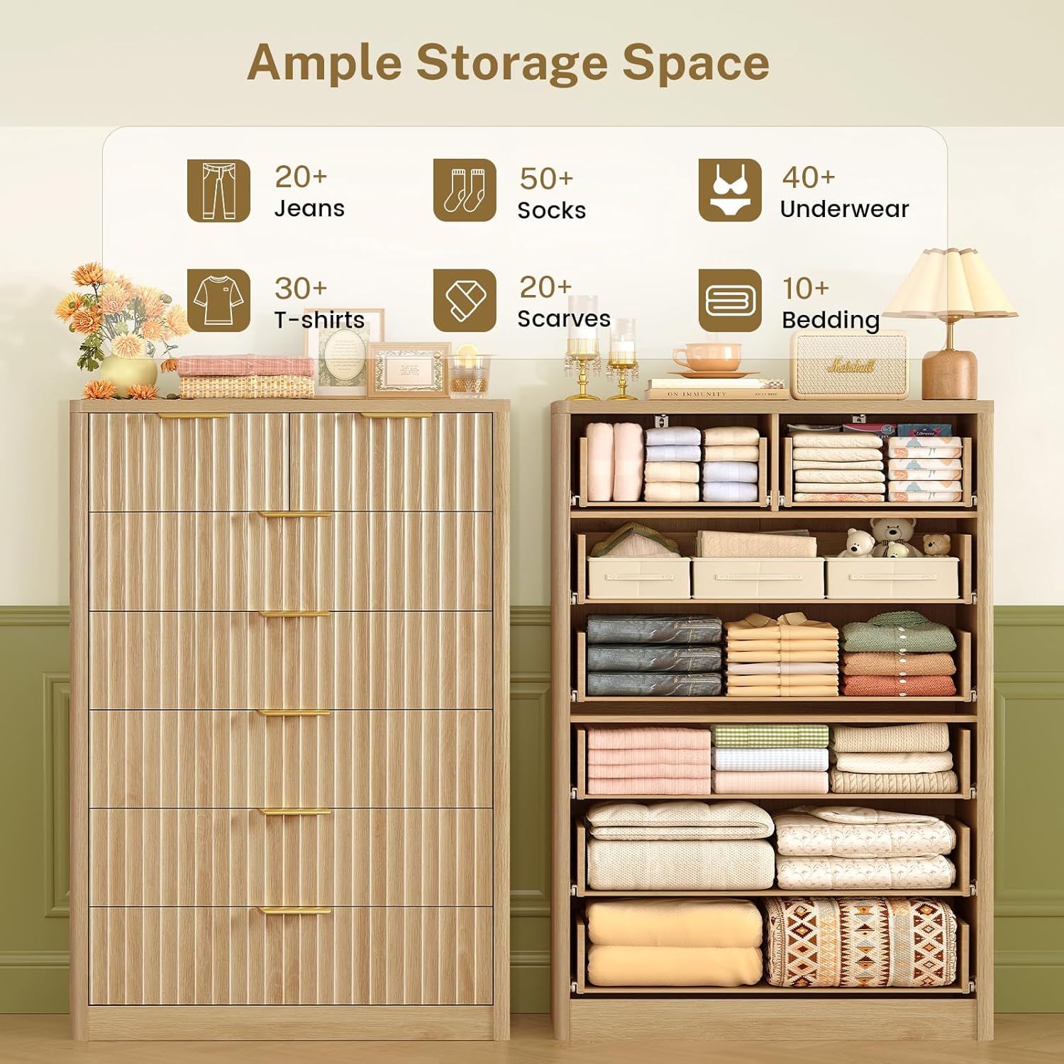 Detalle de TEENFON dresser 7-Drawer Fluted Chest, 48.4-Inch Tall Natural Storage