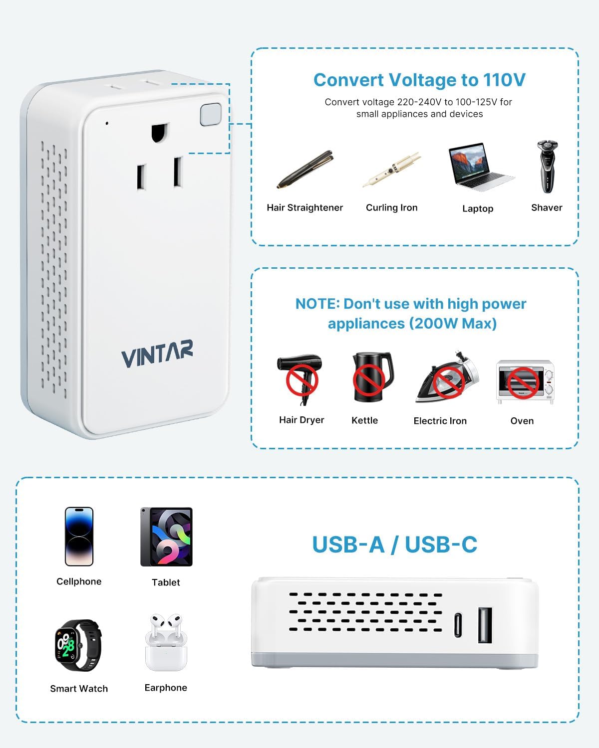 Detalle de VINTAR Mini 220V to 110V Travel Converter (200W) – 4-in-1 Universal Adapter