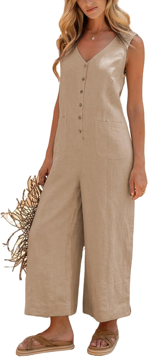 Detalle de Yeokou Women Button Down Jumpsuits: Cotton Linen Sleeveless Wide-Leg Romper with Pockets