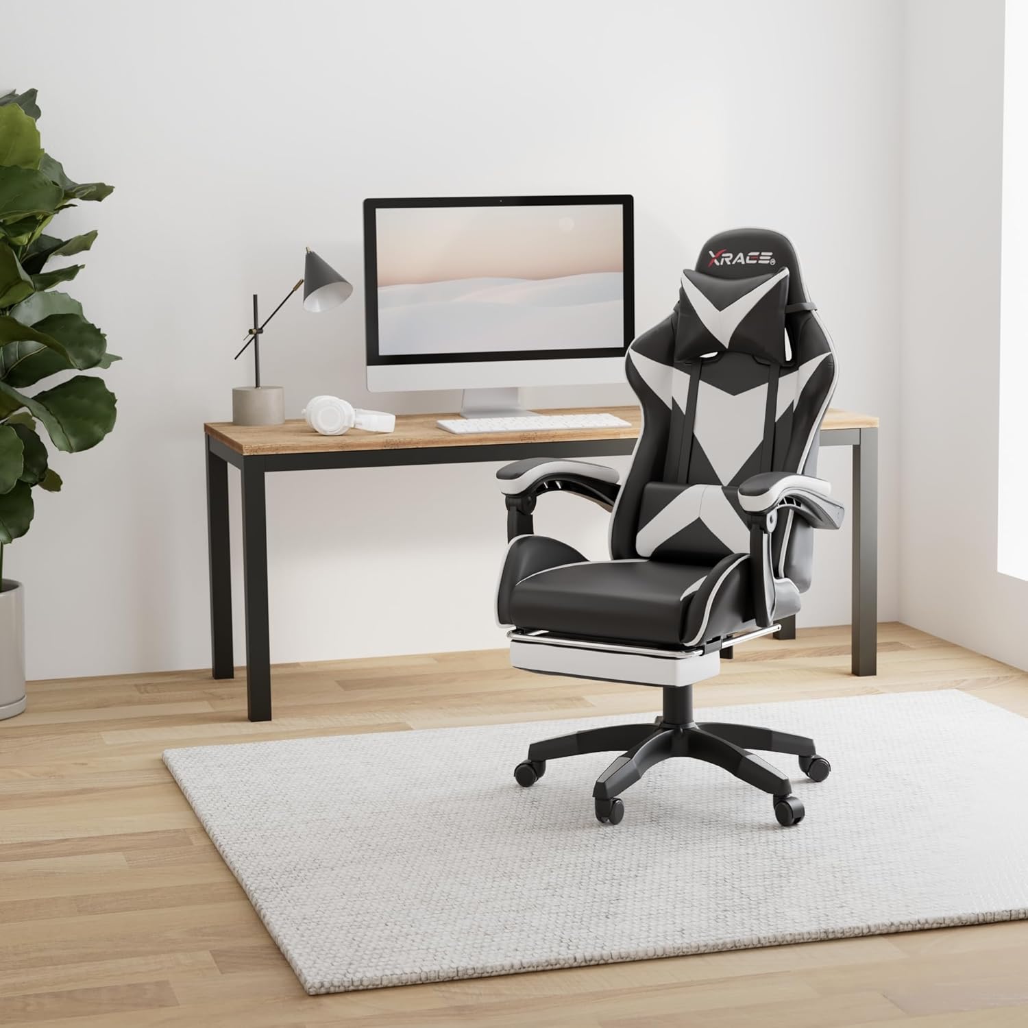 Thumbnail 1 de xRace Gaming Stuhl (weiß) – ergonomischer Bürostuhl mit Lendenwirbelstütze, Kopfstütze und Fußstütze