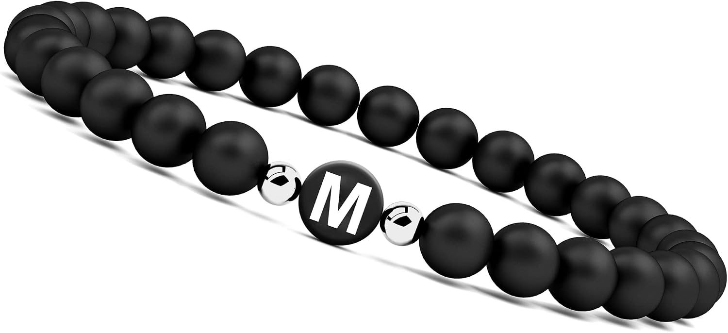 Detalle de GD GOOD.designs Bracciale con Iniziale I in perline di onice nero, elastico per uomo e donna