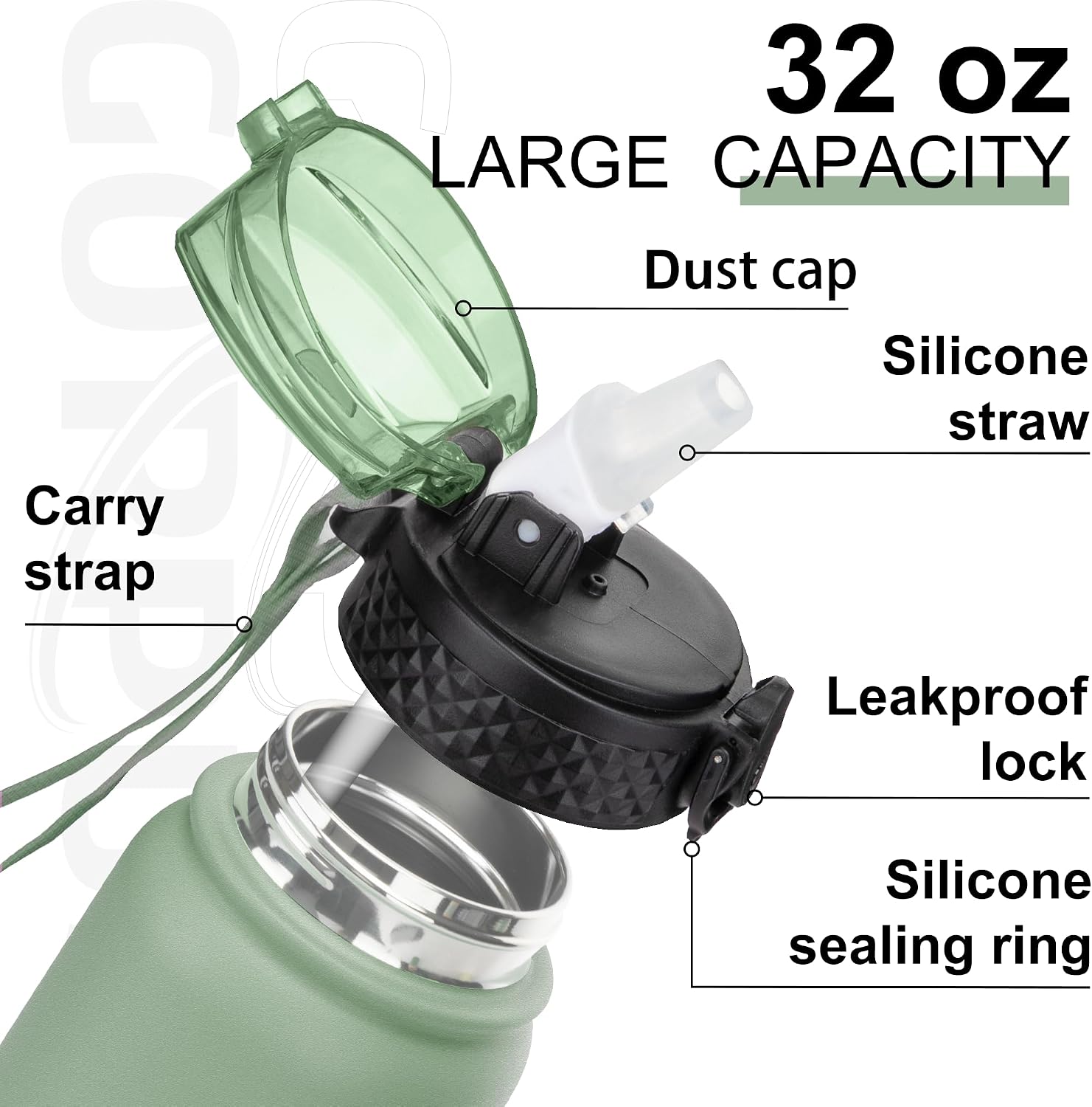 Thumbnail 2 de GOPPUS 1L Stainless Water Bottle (32oz) with Straw, Double-Wall Insulation & Leakproof Flip-Top