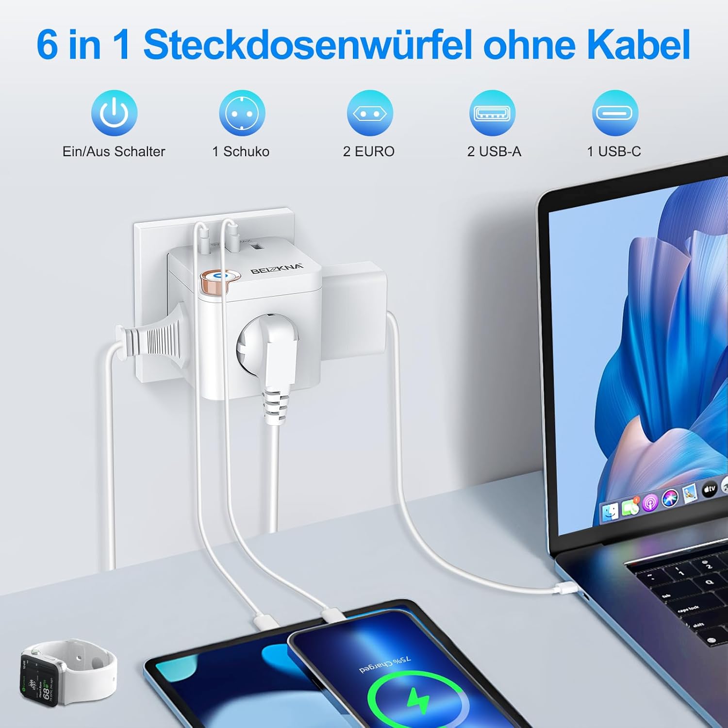 Thumbnail 1 de Beizkna Steckdosenwürfel ohne Kabel – 3-fach Mehrfachsteckdose mit USB‑C, 6‑in‑1 Würfeladapter (weiß)