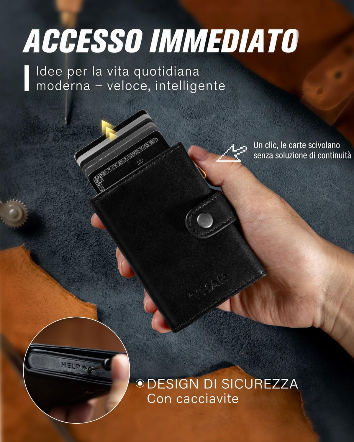 Detalle de VMAN Portafoglio Uomo Slim con RFID – Nero, Pelle PienoFiore, 8–11 Carte