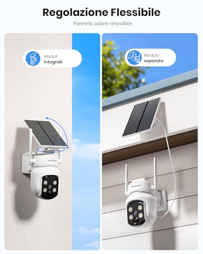 Detalle 2 de MROWLY Telecamera Wi-Fi Esterno 2 in 1 con Pannello Solare: 4MP/2.5K, Copertura 360°, Visione Notturna a Colori e Rilevamento PIR