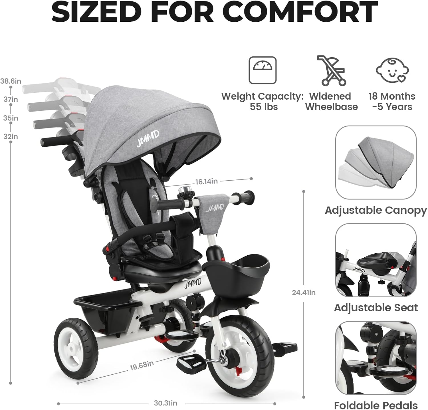 Thumbnail 2 de JMMD 7 in 1 Tricycle Stroller with Push Handle, 360° Swivel Seat, Canopy & Dual Brakes (Gray)