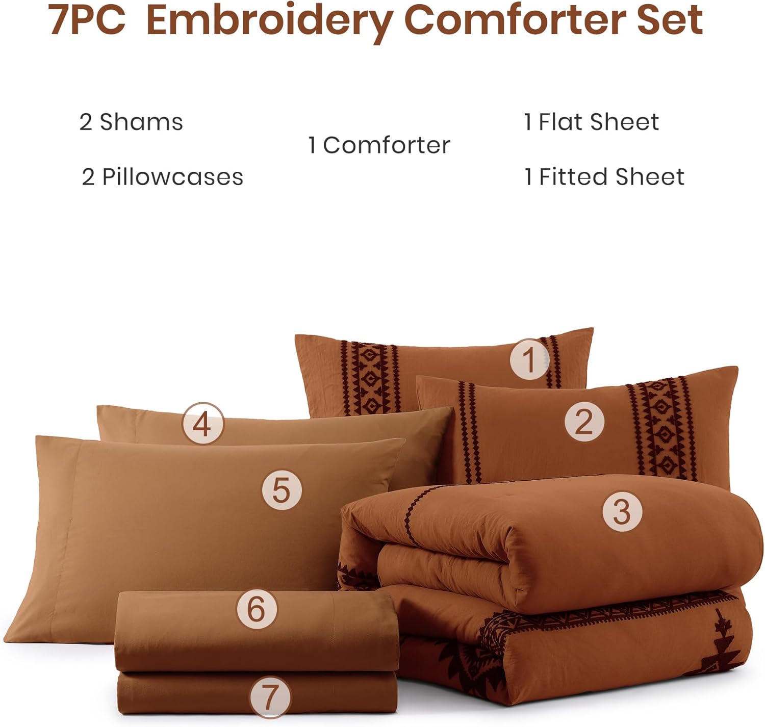 Thumbnail 6 de MaiRêve Embroidery Comforter Set (Burnt Orange) — Boho Farmhouse Western Queen Bed in a Bag, 7-Piece