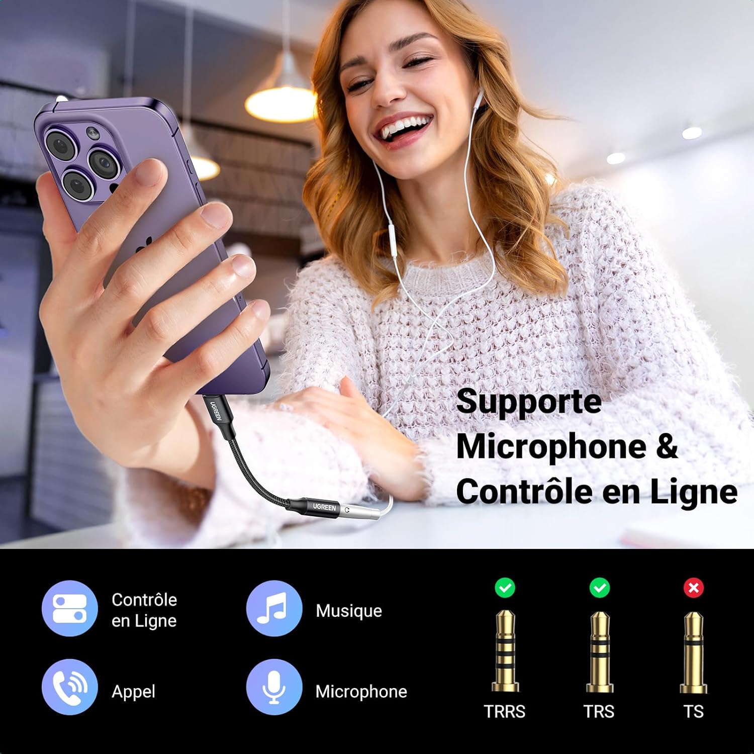 Thumbnail 3 de UGREEN adaptateur Lightning vers jack 3,5 mm MFi TRRS (noir) pour iPhone et iPad