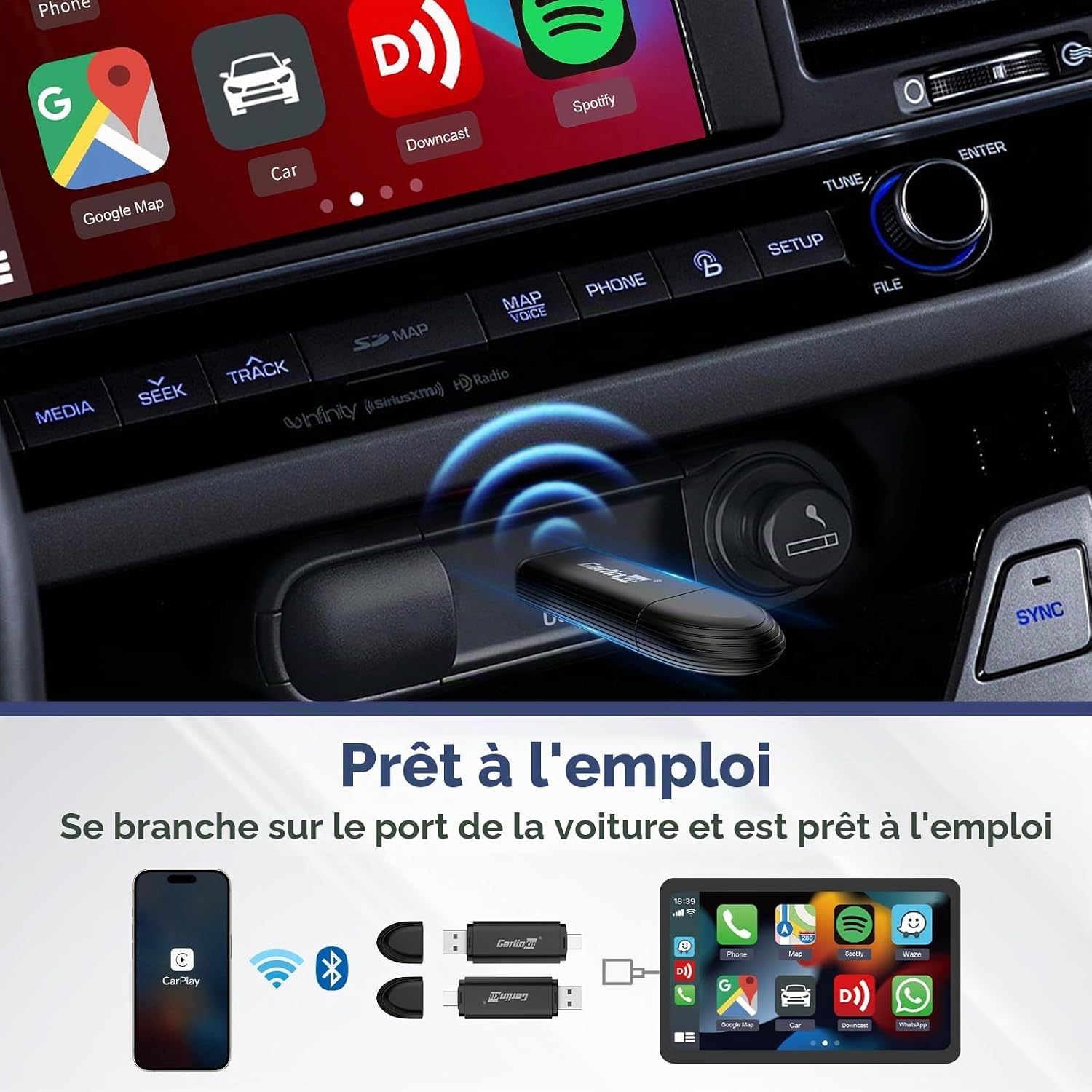 Thumbnail 1 de Carlinkit Mini SE : adaptateur CarPlay sans fil USB A/C (5 GHz) pour iPhone