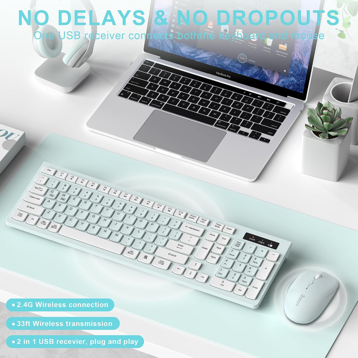 Detalle 2 de RECCAZR Wireless Keyboard and Mouse Combo, Full-Size, Quiet, Mint Green