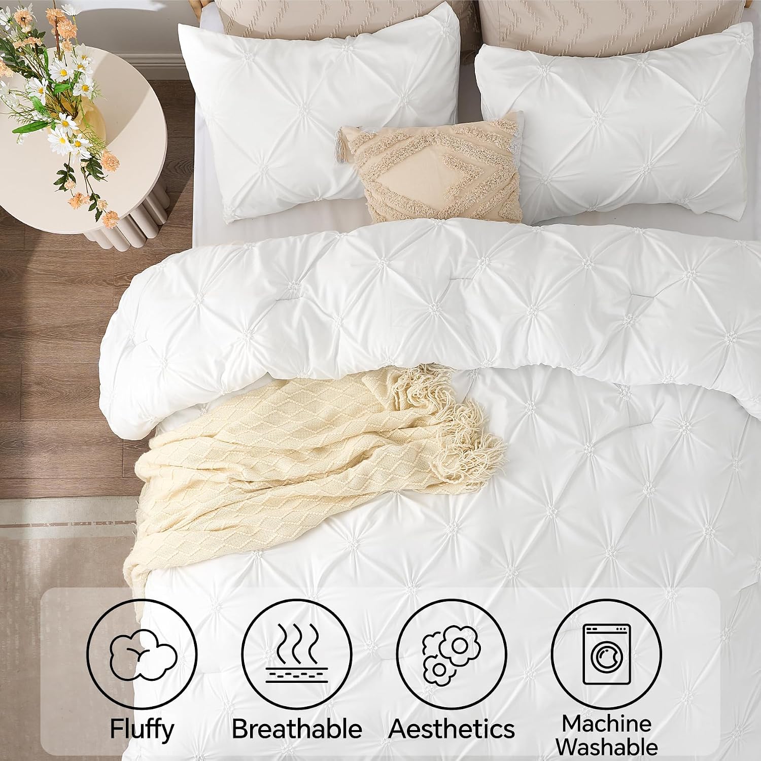 Thumbnail 4 de BEDELITE BECAB2G1 Twin Comforter Set, White Boho Pintuck, 2-Piece