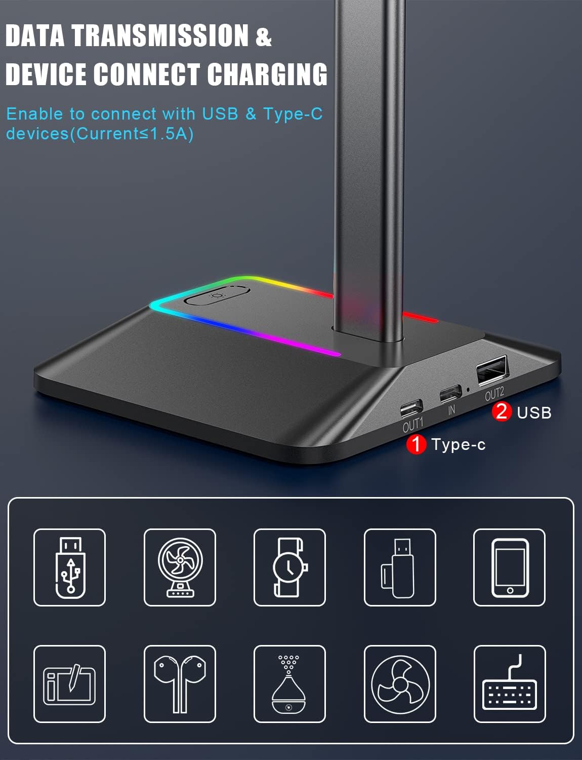 Thumbnail 2 de New Bee Support Casque RGB Gamer avec 2 Ports USB-C et USB – Support universel et élégant pour casque de gaming