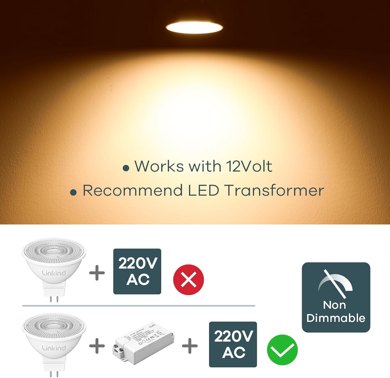 Thumbnail 4 de Linkind 12V LED Spot 35W GU5.3 – MR16 Reflektorlampen, 3 Stück, 2700K, 360 lm, 36° Strahlwinkel (nicht dimmbar)
