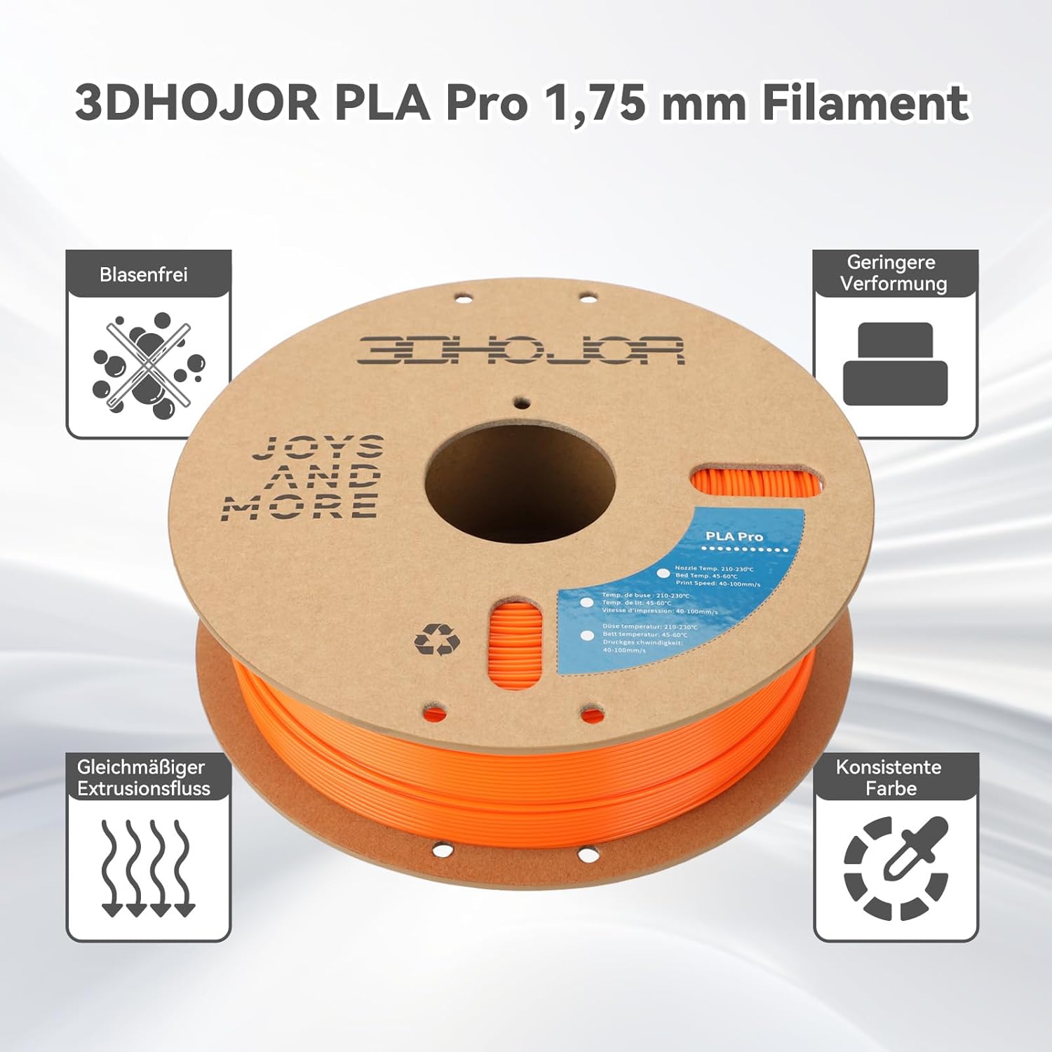 Thumbnail 1 de 3DHoJor PLA+ Filament 1,75 mm (PLA Plus), Maßgenauigkeit +/-0,02 mm – Orange, 1 kg Spule für FDM-Drucker