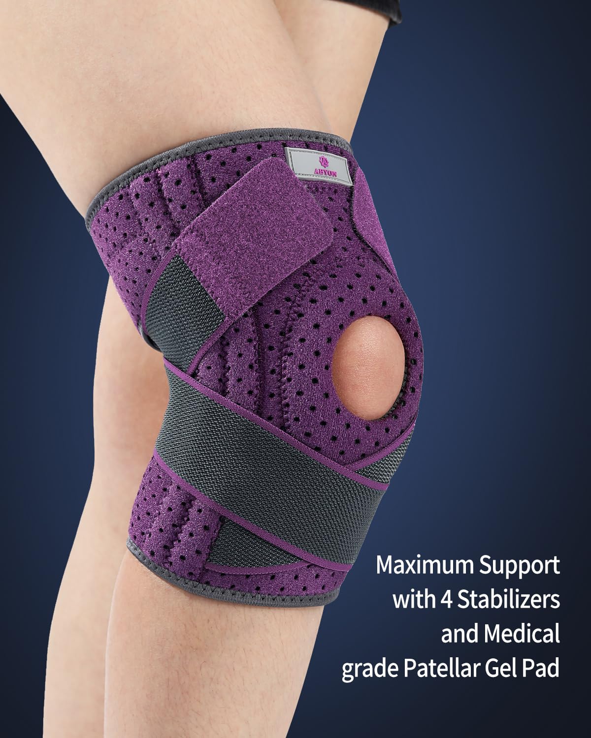 Thumbnail 2 de ABYON Knee Support for Men and Women – Adjustable Open-Patella Knee Brace with Side Stabilizers (Purple, L/XL)