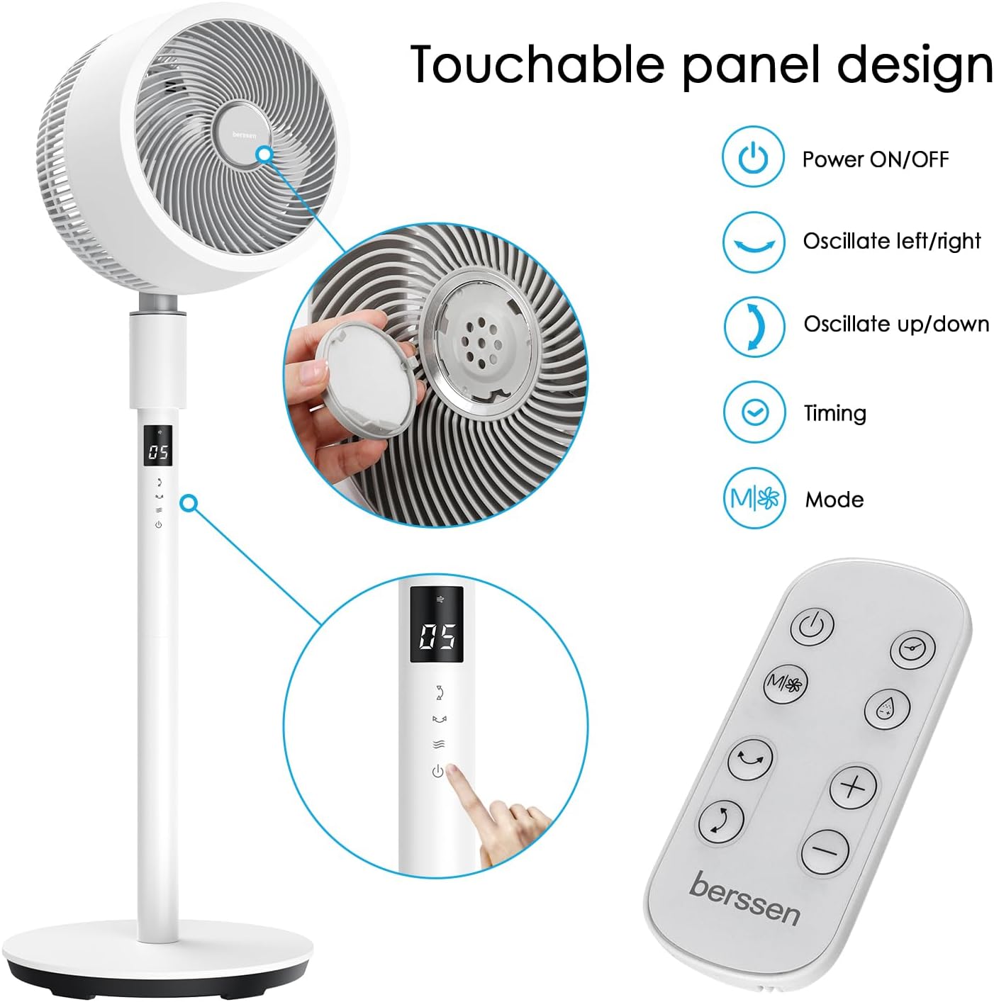 Thumbnail 6 de berssen DC Pedestal Fan: 3D Standing Fan with Remote, 12 Speeds, 100cm/68cm Height, Quiet 25dB