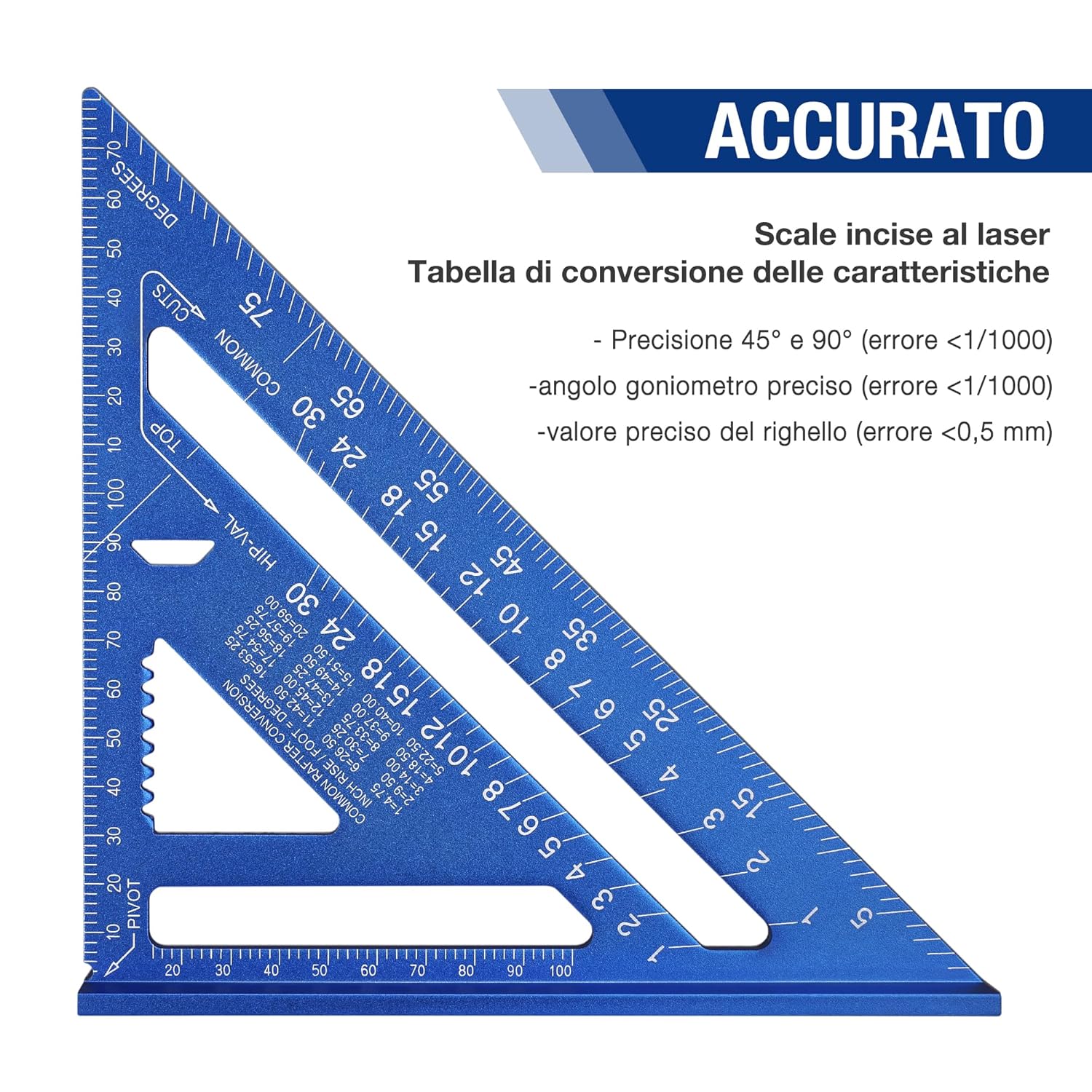 Detalle de WORKPRO Squadra da falegname multifunzione 180 mm – Righello triangolare in alluminio, 45°-90°, blu