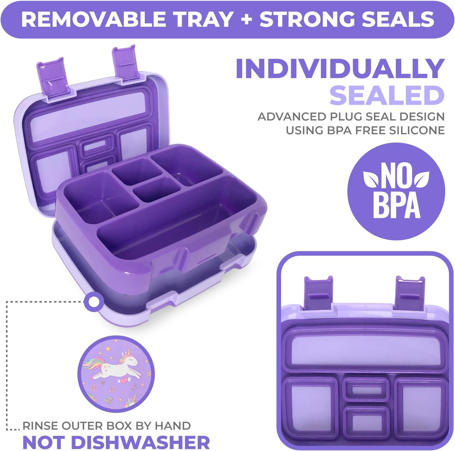 Detalle 2 de Bento Box Lunch Box for Toddlers 5-Section Purple Unicorn 🥡