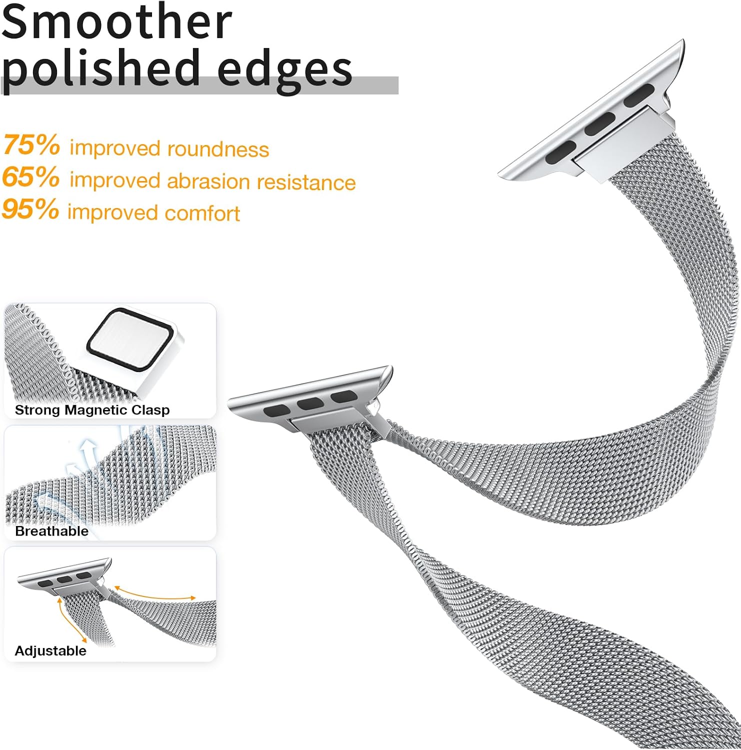 Detalle de MARGE PLUS Slim Milanese Loop for Apple Watch – Stainless Steel Magnetic Mesh Band (40–46mm) for Women