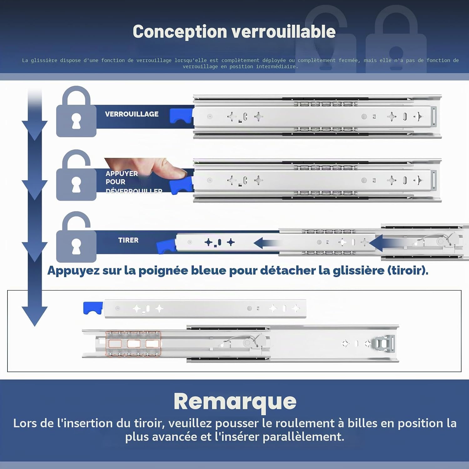 Detalle de ToBeGreat Glissière pour tiroir charge lourde 700 mm – Montage latéral avec serrure (1 paire, 2 pièces)