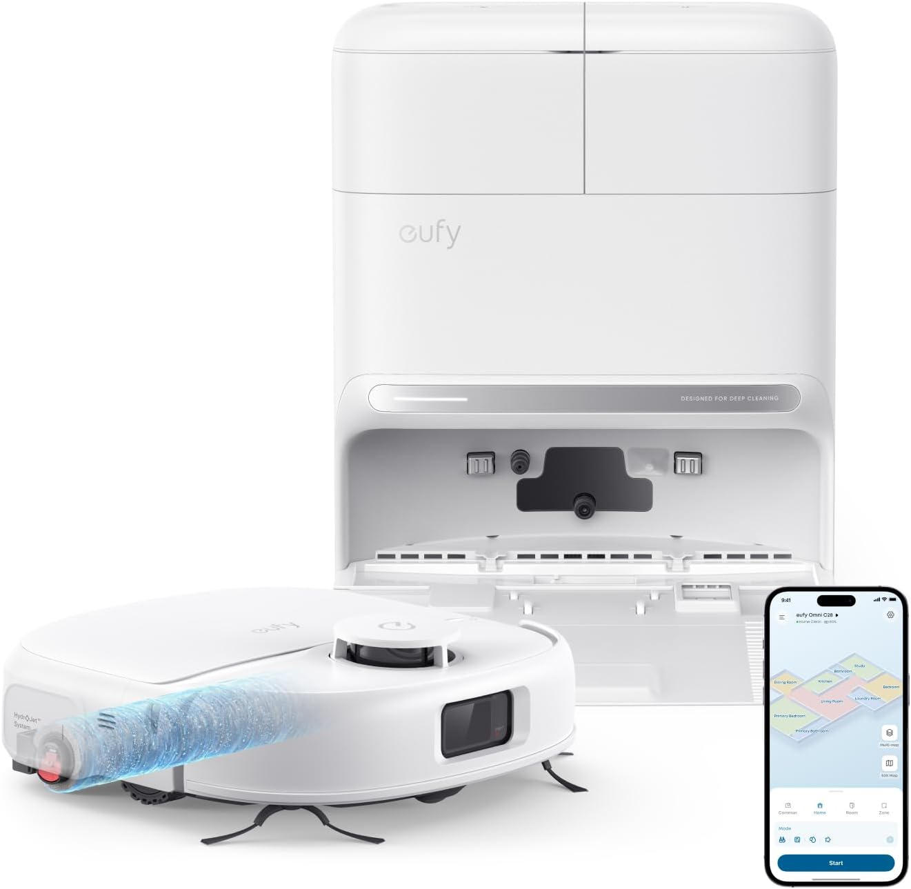 Detalle de eufy C28 robotdammsugare med HydroJet-rullmopp, 15 000 Pa och 5-i-1-station