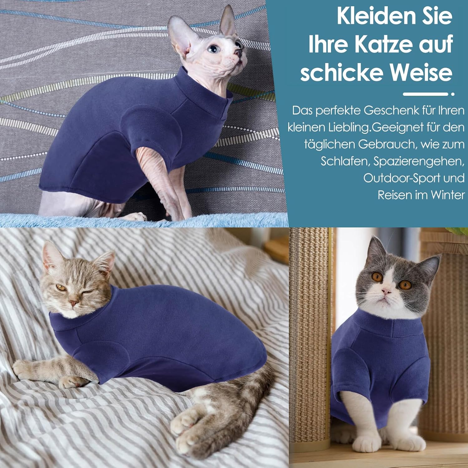 Thumbnail 4 de AOFITEE Katzenpullover Winter für Sphynx & haarlose Katzen – weicher Fleece-Halbrollkragen