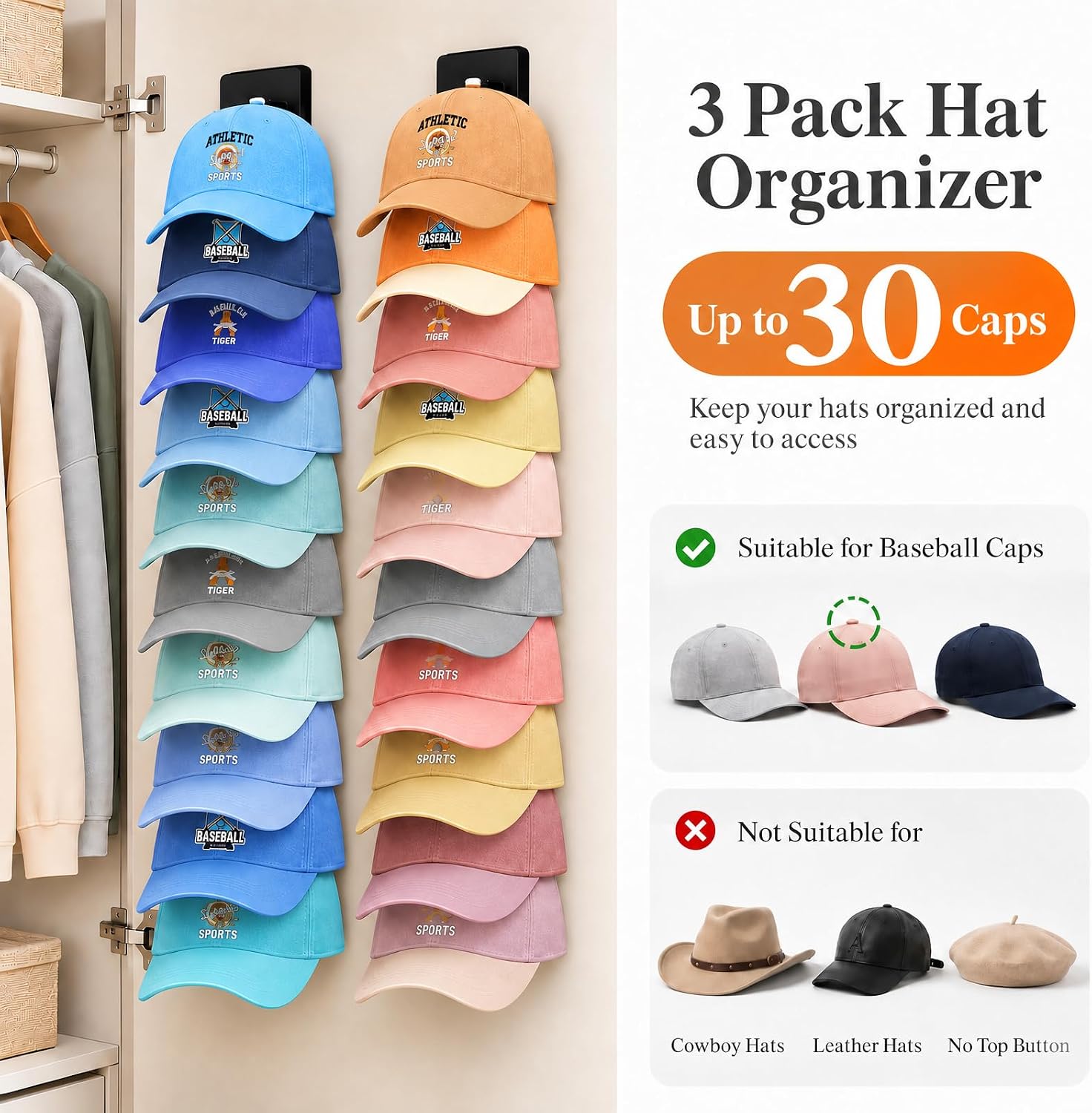 Detalle de Lifewit 25093 Wall-Mounted Hat Organizer, 30-Cap Storage, 3-Pack