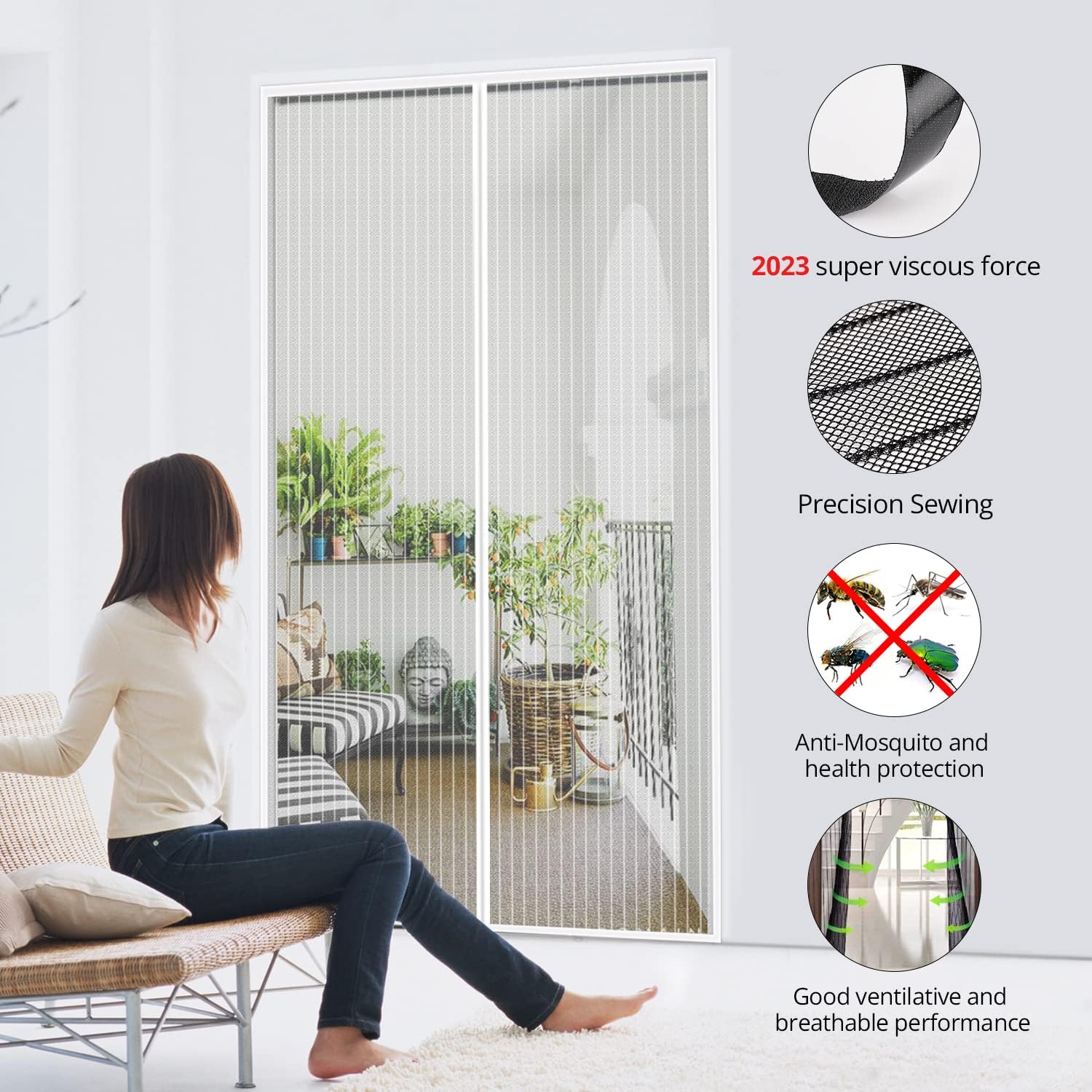 Thumbnail 3 de MYCARBON Fly Screen Door Keep Insects Out Mosquito Door Screen (White/Stripes, 90 × 210cm)