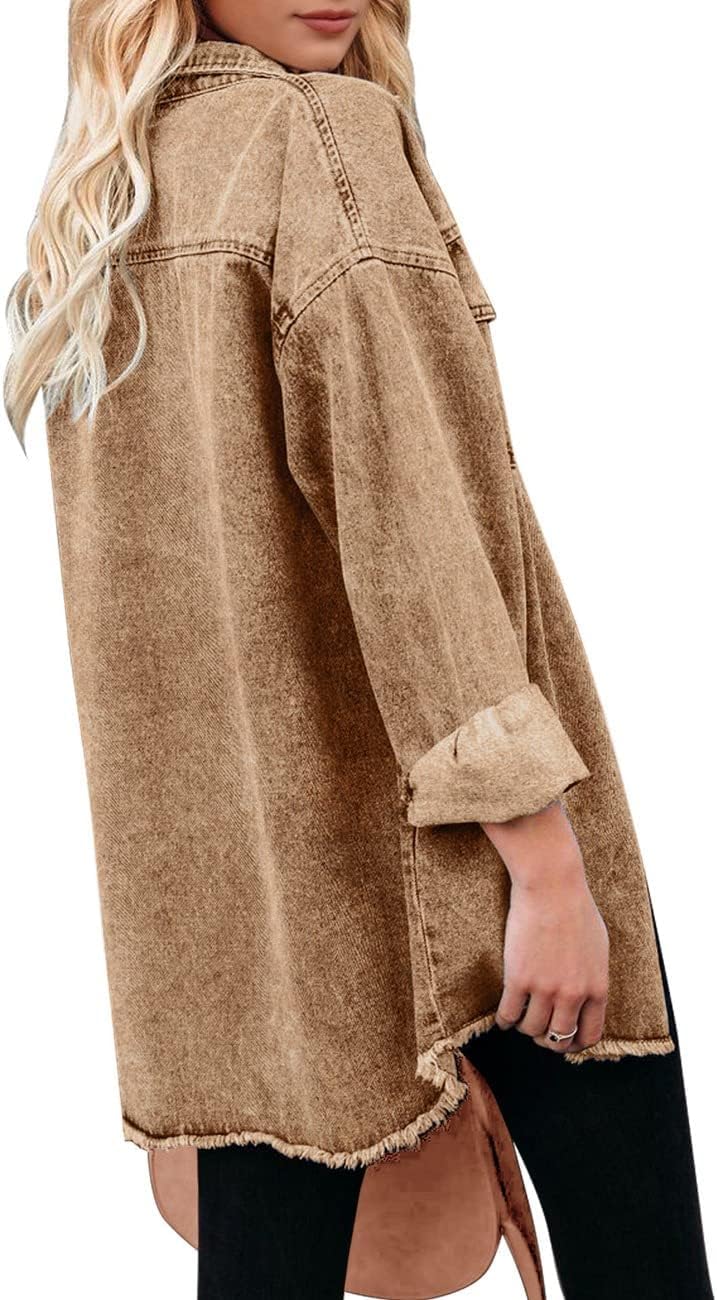 Detalle de Vetinee Women’s Oversized Frayed-Hem Button-Up Shacket Denim Jacket with Pockets