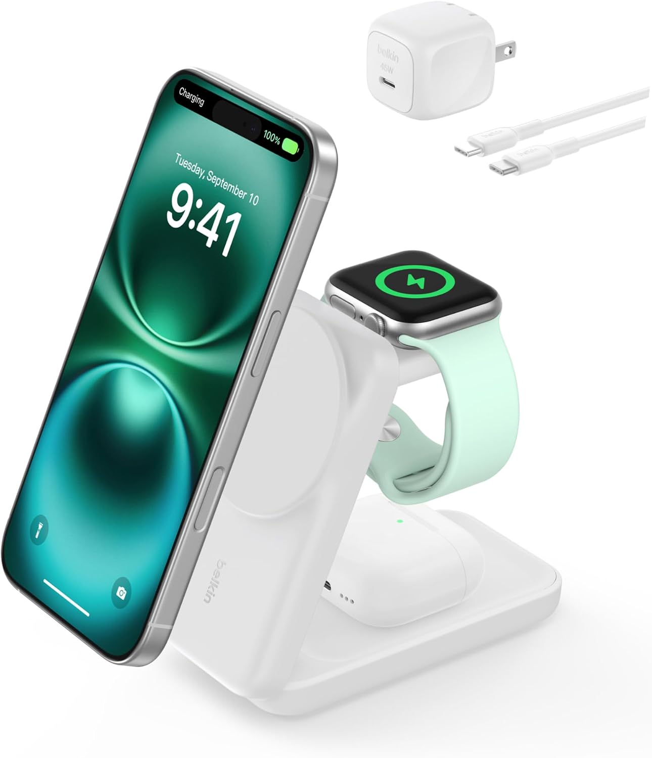 Detalle de Belkin Qi2 25W 3-in-1ワイヤレス充電器 折りたたみ式・冷却ファン搭載 ホワイト
