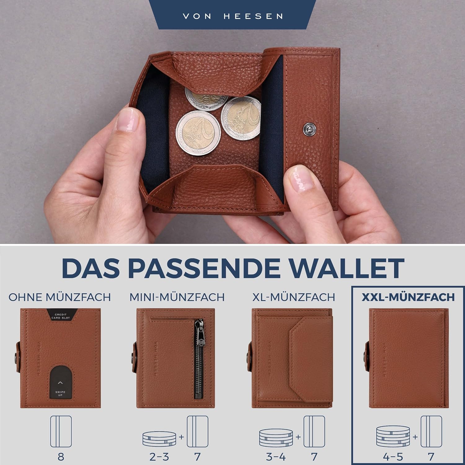 Thumbnail 5 de VON HEESEN Slim Wallet mit RFID-Schutz & Münzfach — Geldbörse Cognac-Braun