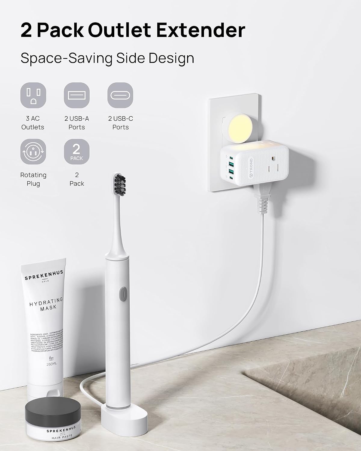 Thumbnail 1 de TROND TD-EA-US24S Outlet Extender, 3 AC Outlets, 4 USB Ports, 360° Plug