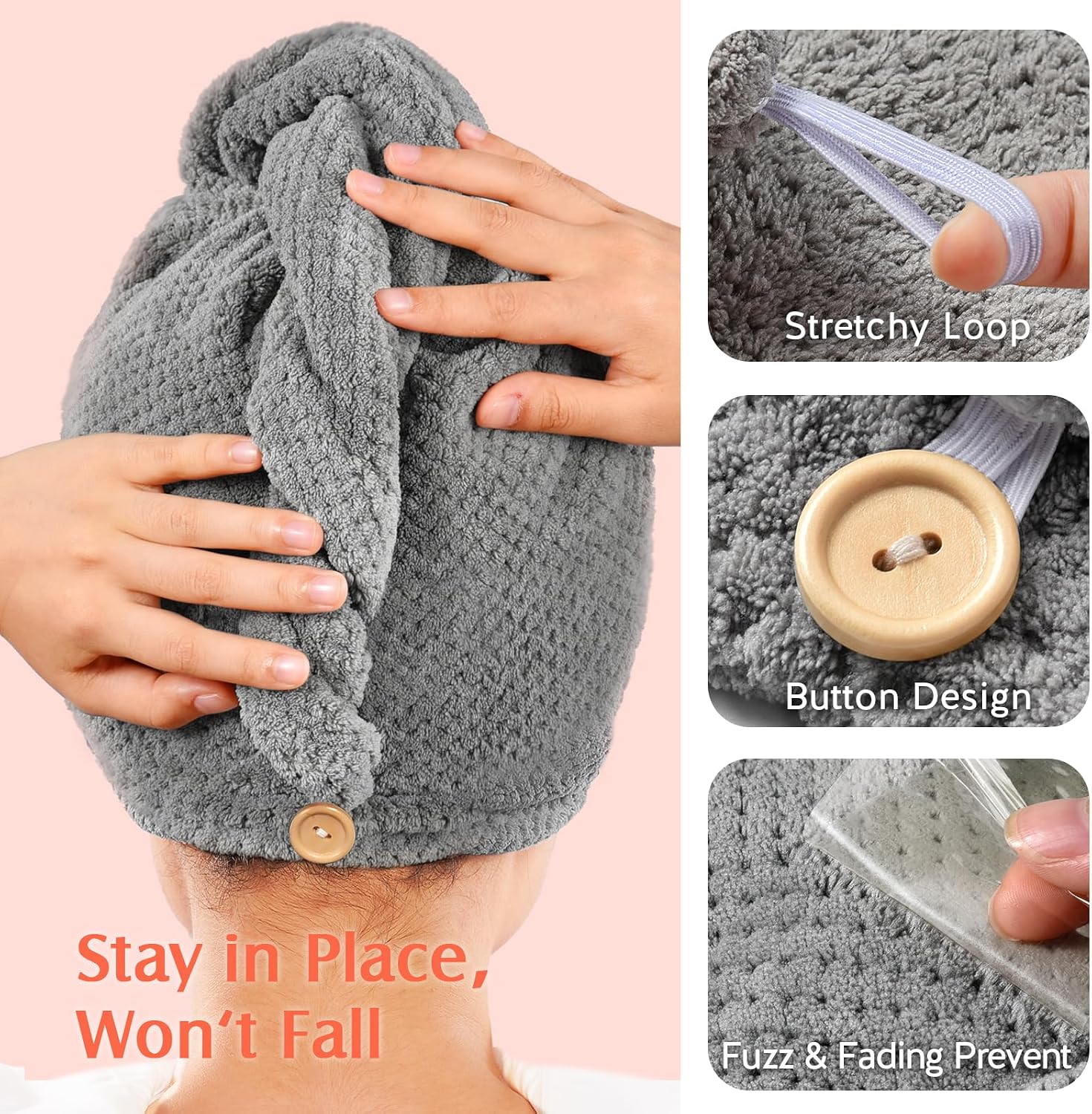 Detalle 1 de YFONG Microfiber Hair Towel Wrap, 2-Pack, 26 x 10 Inches, Elastic Loop