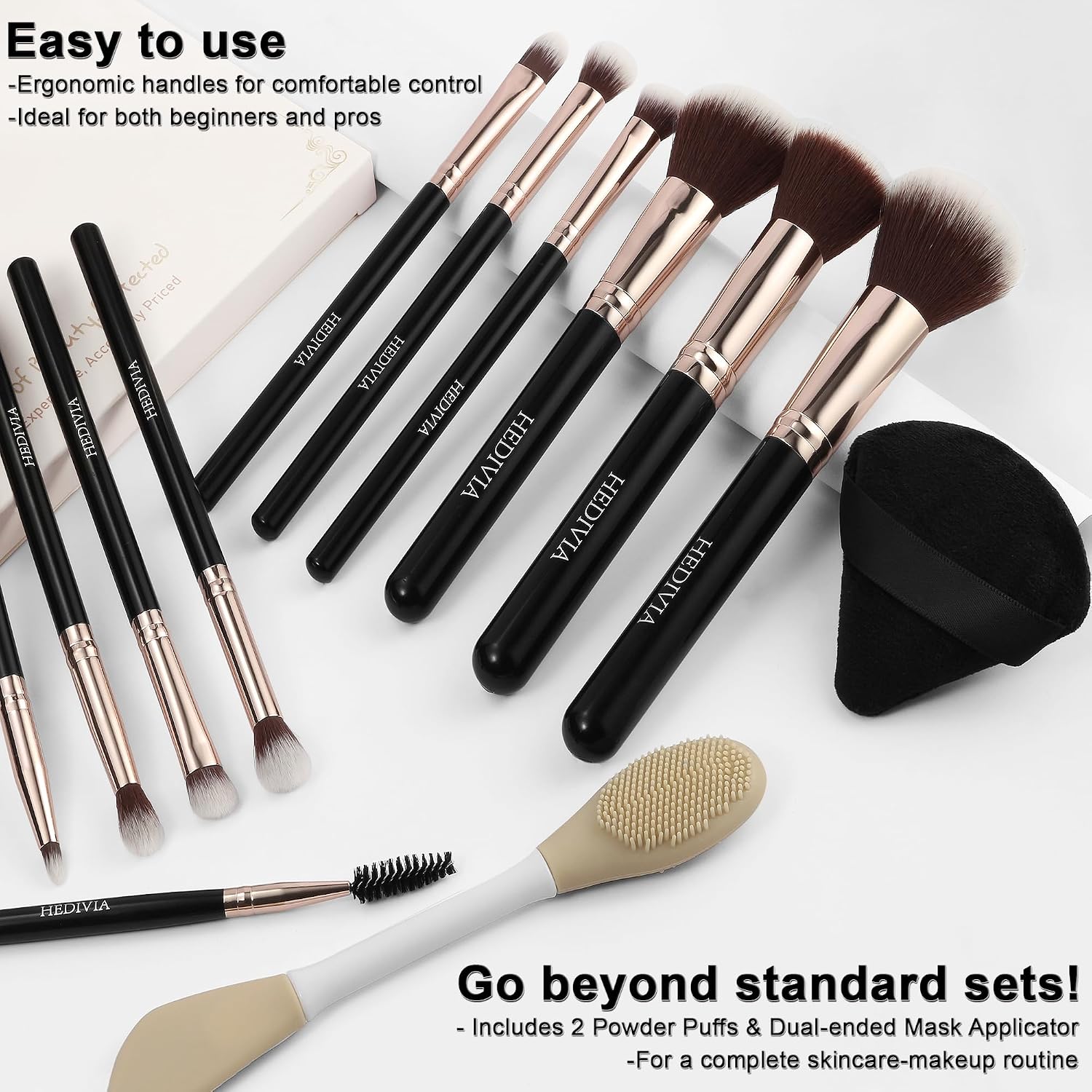 Thumbnail 5 de HEDIVIA Black 14-Piece Makeup Brushes Set (Synthetic Foundation, Concealer, Powder, Blush, Eyeshadow) + Powder Puffs & Dual-Ended Mask Applicator