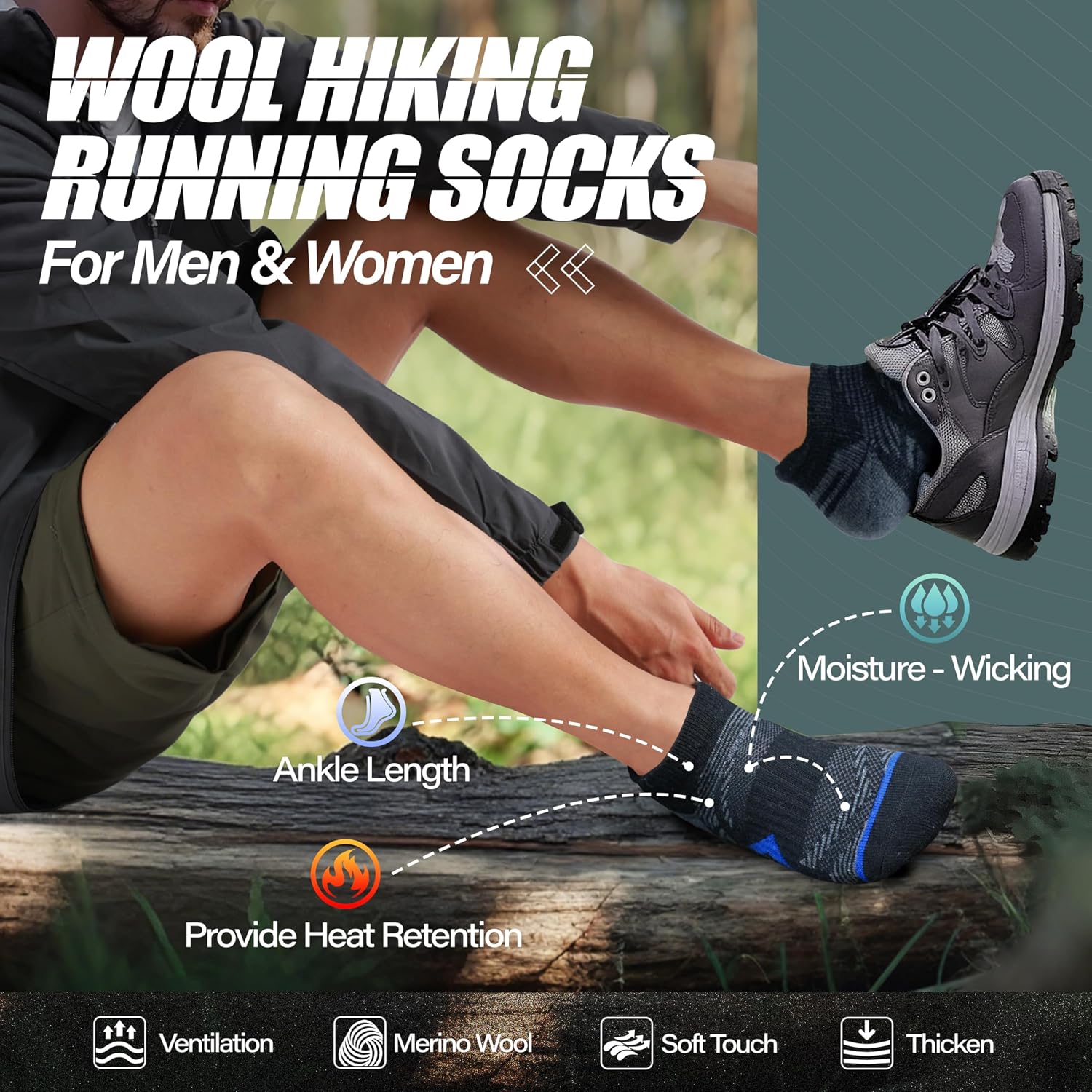 Thumbnail 1 de ANTSANG No Show Merino Wool Ankle Socks (6-Pack) for Hiking, Running & Everyday Wear