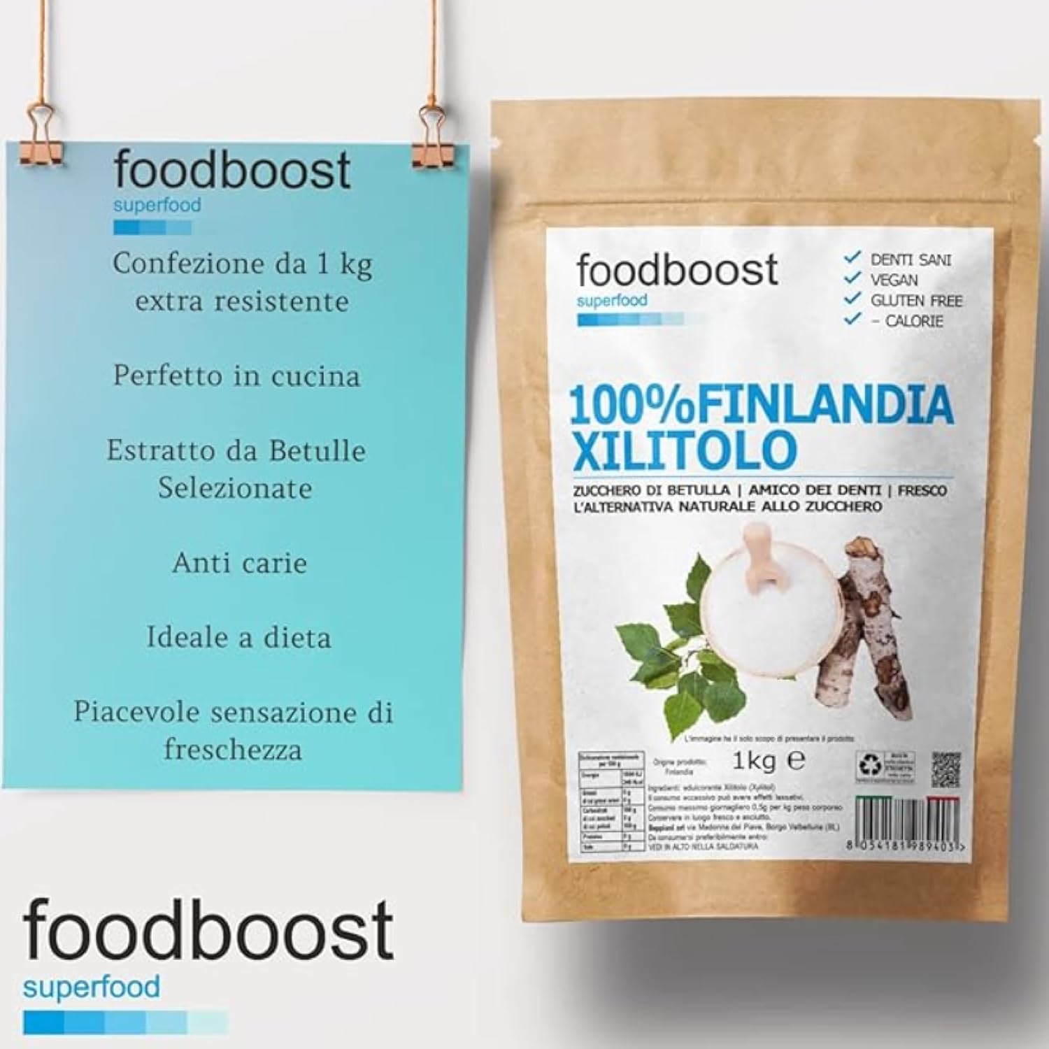 Detalle 2 de Xilitolo Finlandese 1Kg Foodboost – dolcificante 100% naturale di betulla, ideale per diete ipocaloriche