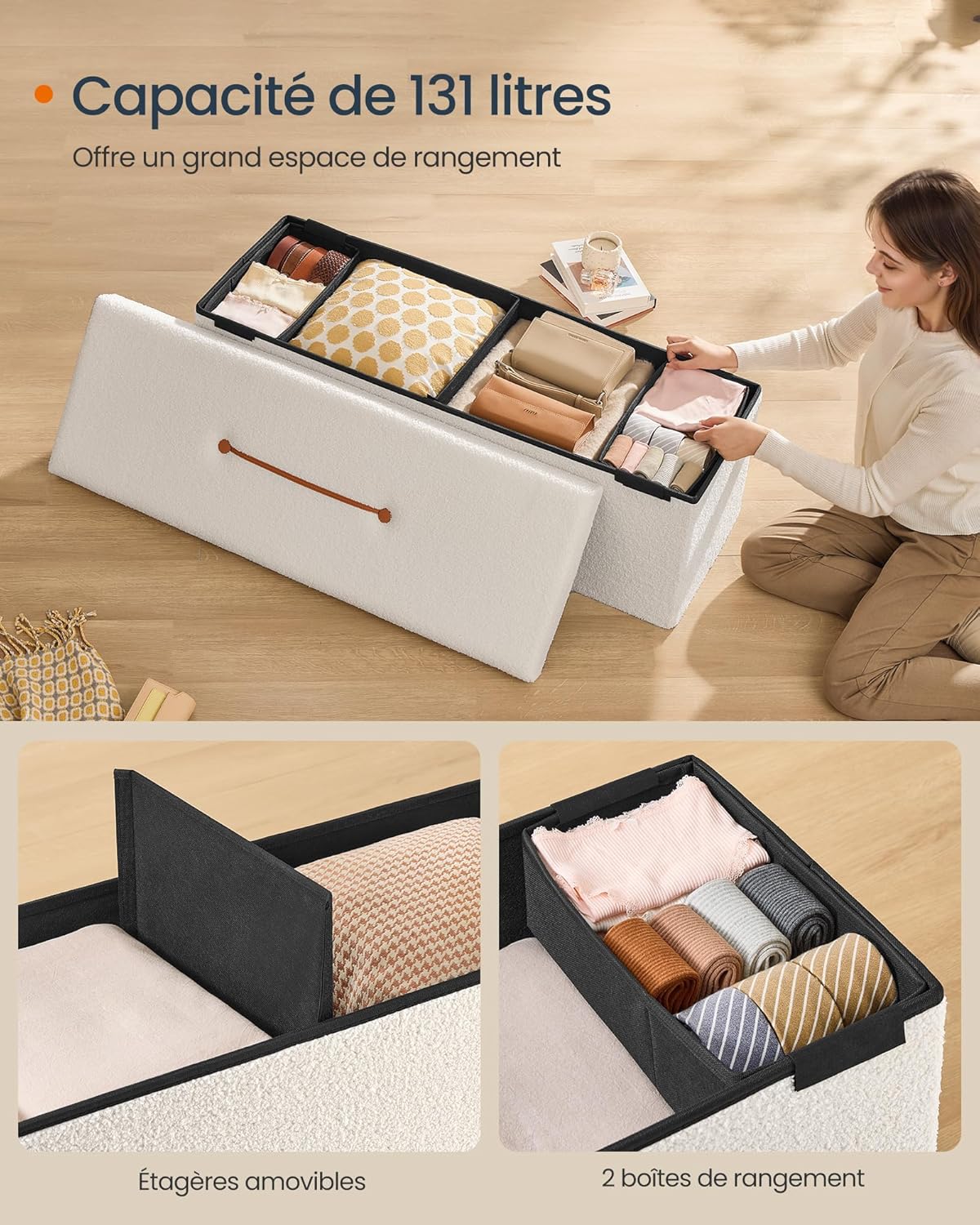 Detalle 1 de SONGMICS Tabouret de Rangement LSF097W01V1 blanc crème